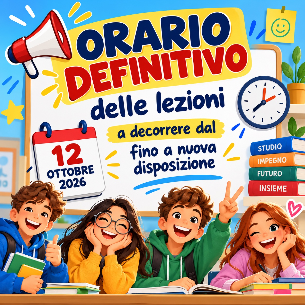 Orario DEFINITIVO delle lezioni a decorrere dal 12 ottobre 2026 – fino a nuova disposizione