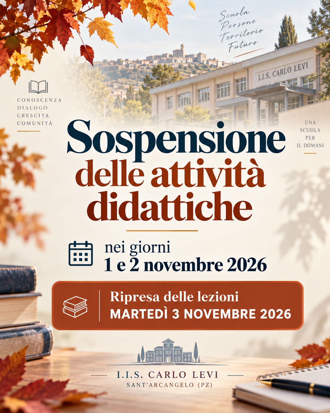 Sospensione delle attività didattiche nei giorni 1 e 2 novembre 2026 – Ripresa delle lezioni martedì